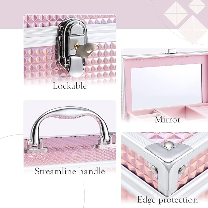 Hododou Girls Jewelry Box Organizer with Drawer & Mirror, Shiny Pink Style Lockable Storage Case for Kid or Little Girls Jewe