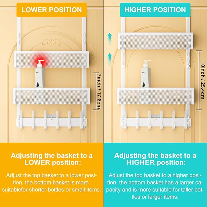 LUCYCAZ Adjustable Over The Door Hooks Organizer, Hanger Storage with 10 Coat Hooks & 2 Mesh Basket, Over The Door Towel Rack