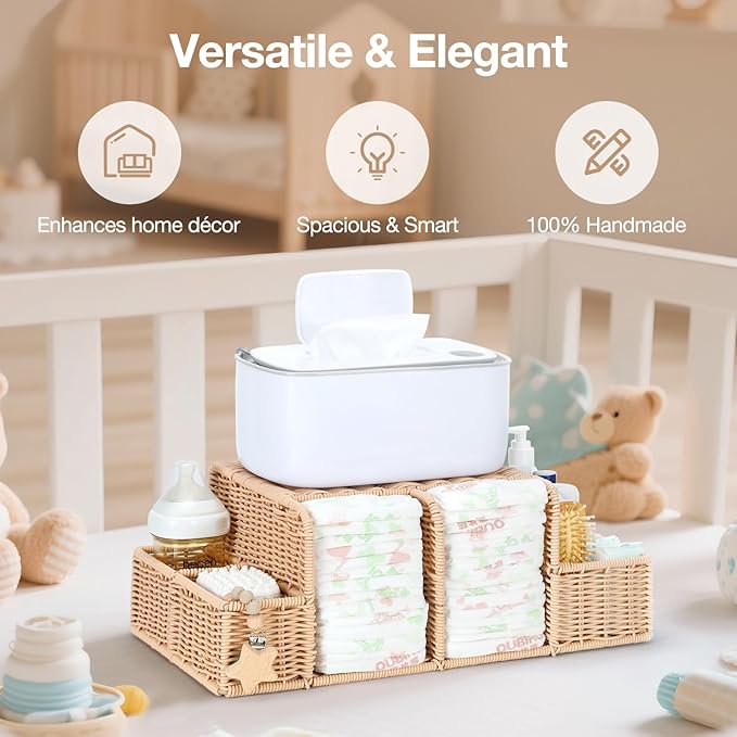 Diaper Caddy Organizer, Hand Rattan Nursery Storage Basket for Baby Essentials, Baby Changing Table Organizer Perfect Nursery