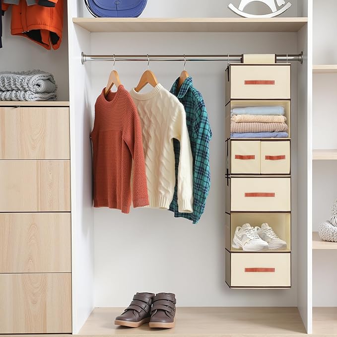 Hanging Closet Organizer 6-Shelf, Upgrade Hanging Shelves for Closet with 5 Removable Drawers & Side Pockets, Hanging Shelf O