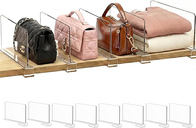 SortNStore Shelf Dividers Purse Organizer for Closet: 6-inch Tall(Shorter Version) Acrylic Handbag Organizer - Small Space Se
