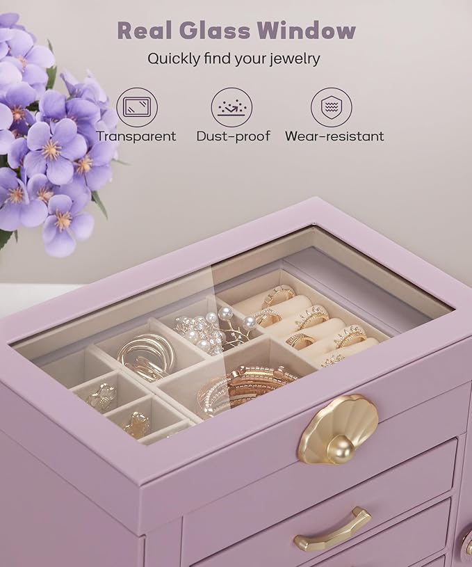 Enthralite Jewelry Box with 3 Drawers: Display Organizer for Earrings Necklaces - Gifts for Girls Women (Grey Purple)