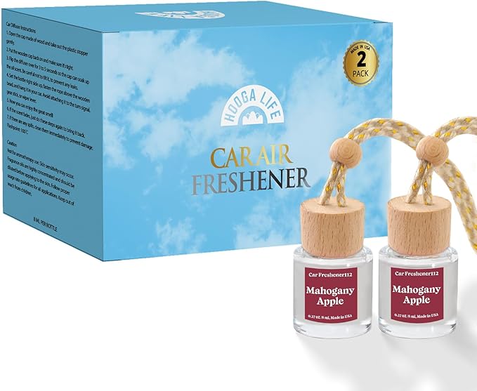 HoogaLife Car Air Freshener Diffuser 2 Pack Hanging Air Freshener Diffuser - Mahogany Apple Fragrance Oil Air D iffuser for C