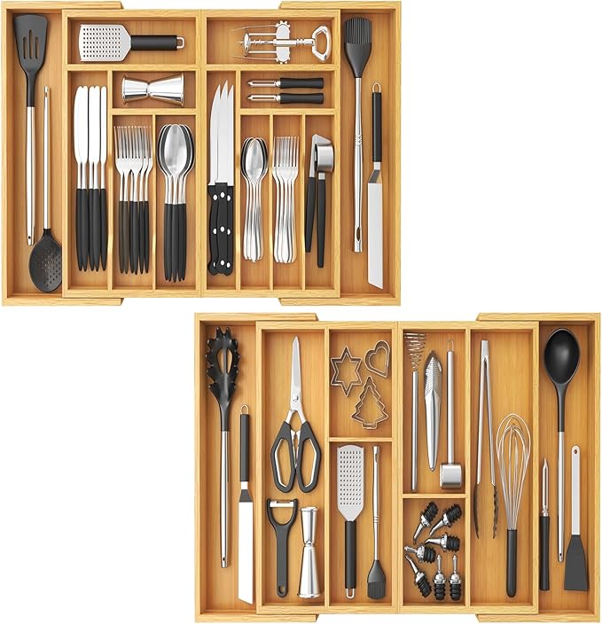 Lifewit Silverware and Cooking Utensil Drawer Organizer Set – Expandable Adjustable Bamboo Storage for Cutlery, Flatware, Spo