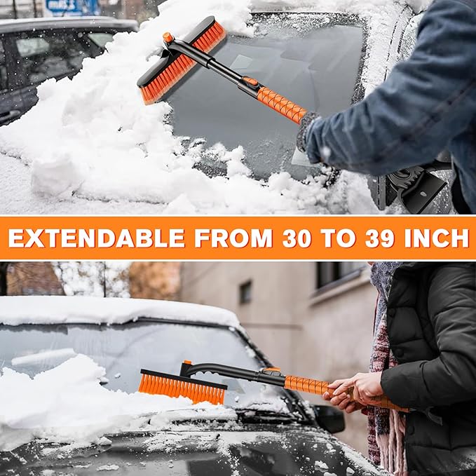 Extendable Snow Brush and Ice Scraper for Car, 30"-35"-39" Adjustable Long Handle & 4.3" Ice Chipper, 360° Pivoting Brush Head & Comfortable Antiskid Grip