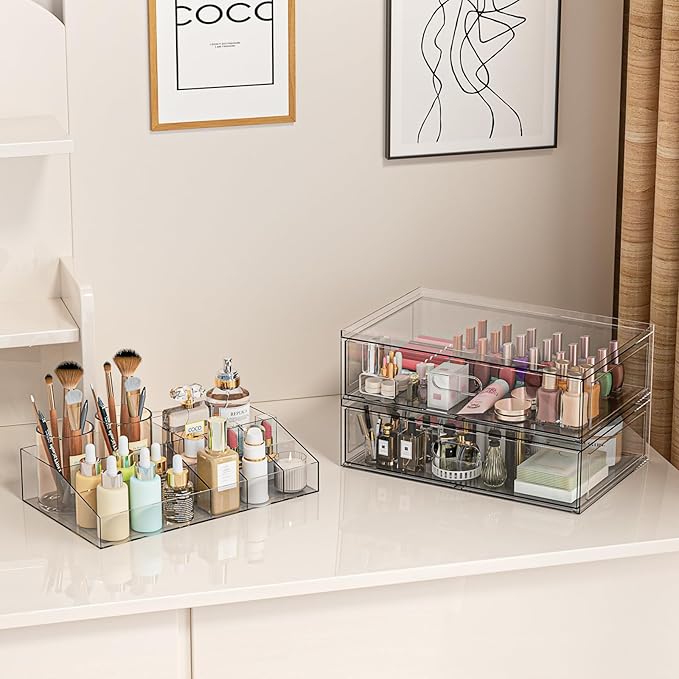 Clear Stackable Makeup Organizer with Drawer, 12''W Acrylic Storage Drawers, Cosmetic Display Case for Vanity Bathroom Counte