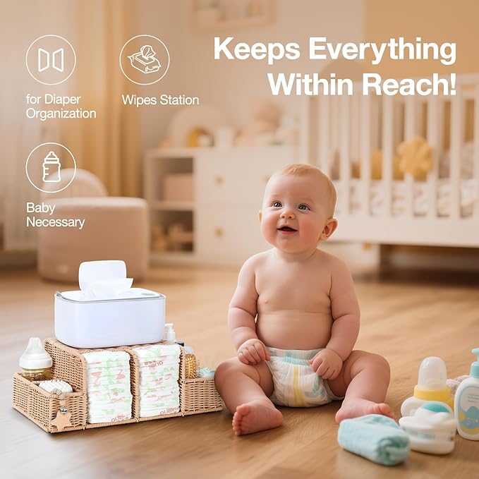Diaper Caddy Organizer, Hand Rattan Nursery Storage Basket for Baby Essentials, Baby Changing Table Organizer Perfect Nursery