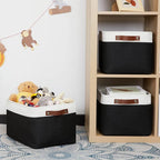 HNZIGE Large Storage Baskets (3 Pack) - Fabric Bins with Leather Handles, Foldable for Organizing Clothes, Toys (Black & Whit