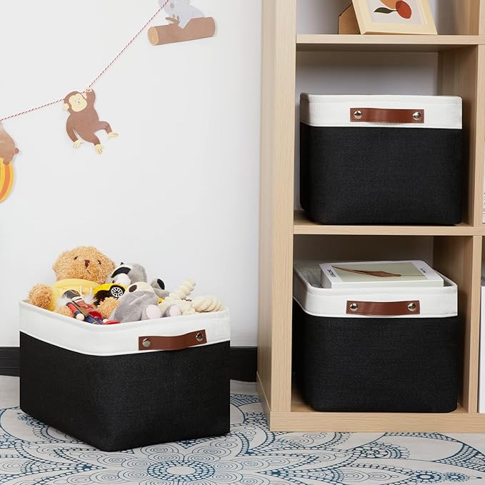 HNZIGE Large Storage Baskets (3 Pack) - Fabric Bins with Leather Handles, Foldable for Organizing Clothes, Toys (Black & Whit