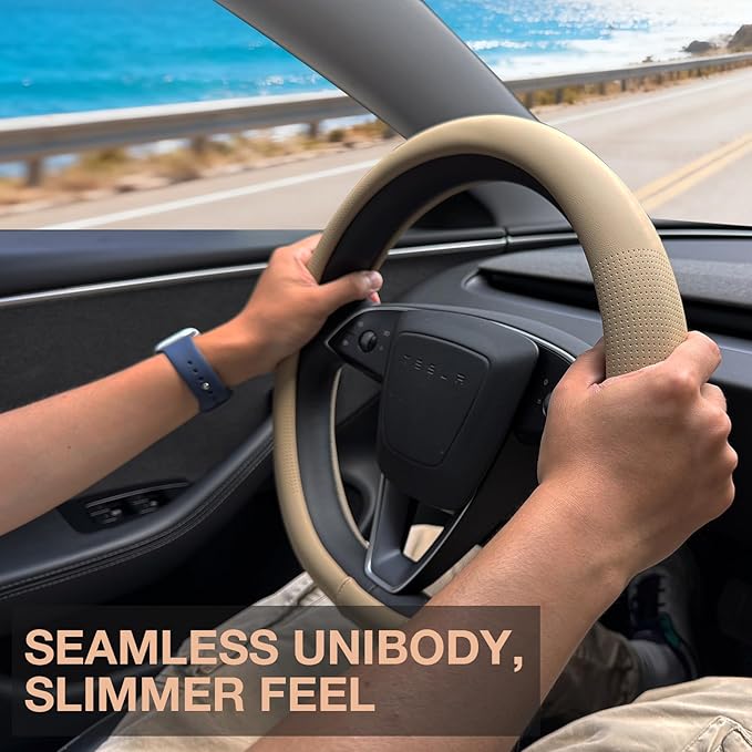 PINCTROT Nappa Leather Steering Wheel Cover for Tesla Model Y/3 Highland/Juniper, D Shaped 14 Inch Small Sized with Breathabl