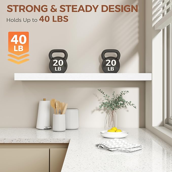 Dreamland 40 Inch White Floating Shelves for Wall,8 Inch Deep Floating Shelves,40" W x 8" D Wall Shelves for Bedroom,Living R