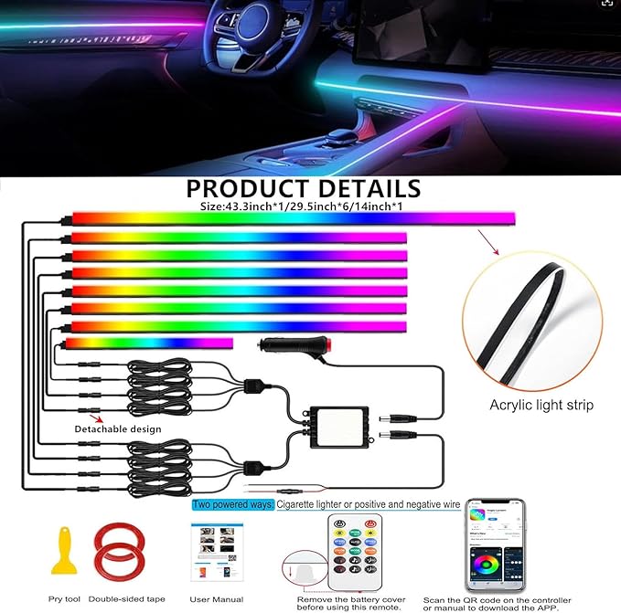 Interior Car LED Strip Lights, Acrylic LED Lights for Car with Dynamic Dreamcolor Chasing,RGB+IC 8 in 1 235 inches 800 LEDs Ambient Lighting Kits Music Sync Wireless APP and Remote Control