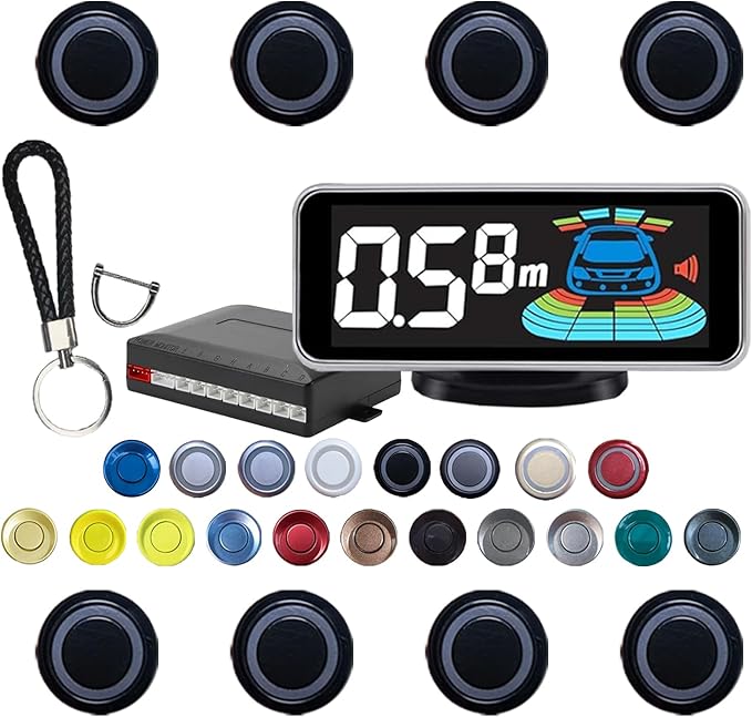 Backup Parktronic System Car Auto Vehicle Reverse with 8 Parking Sensors kit, LCD Display, Distance Detection (Meter/Foot Switchable), Buzzer Alarm and Voice Prompt Function（Black）