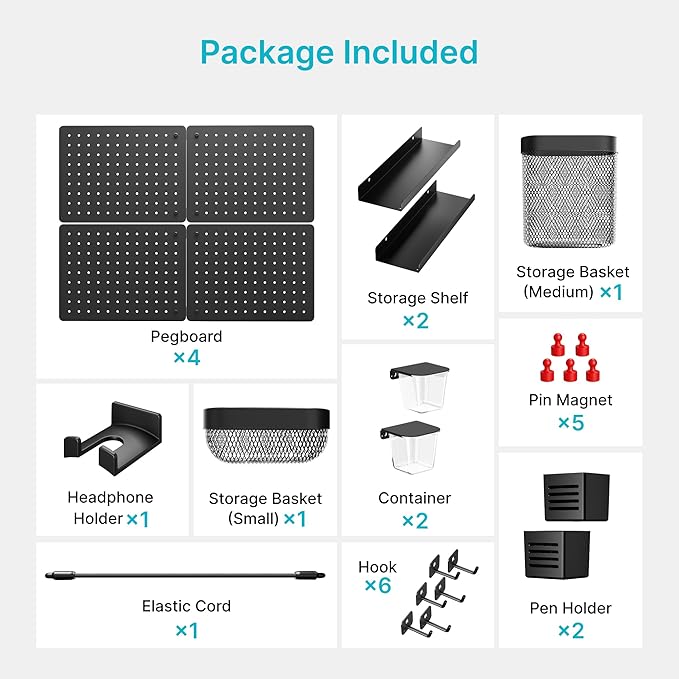 PEGZONE Pegboard Wall Organizer Combination Kit,Overall 33.1"x25.4" Metal Office Pegboard with 21 Accessories, Wall Mounted P