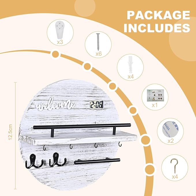 Key Holder for Wall, Round Wooden Rustic Key and Mail Organizer for Wall - Key Holder Wall Mount for Entryway, Mudroom, Hallw