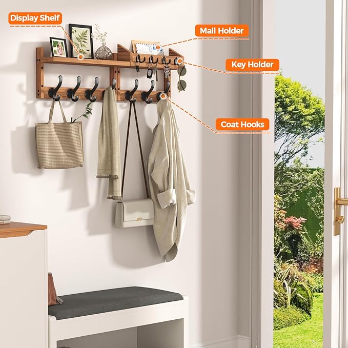 Evermagin 29" Coat Rack Wall Mount with Shelf, 4 in 1 Wall Mounted Coat and Key Hanger with 11 Hooks, Entryway Key Holder wit