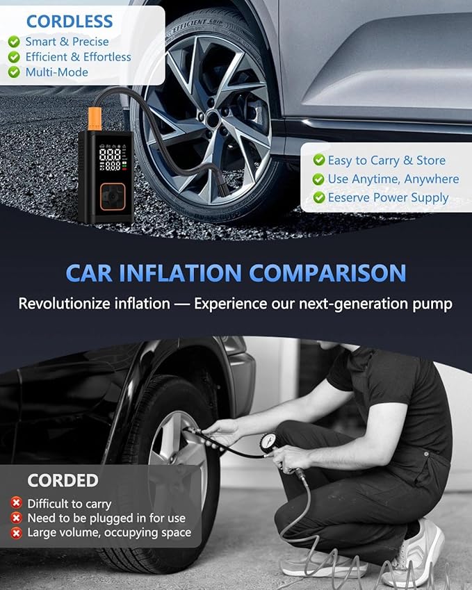 Tire Inflator Portable Air Compressor Cordless -150PSI Electric Air Pump & Digital Pressure Gauge, Air Compressor for Car Tires, for Bike Motorcycle Balloons, Emergency LED Light