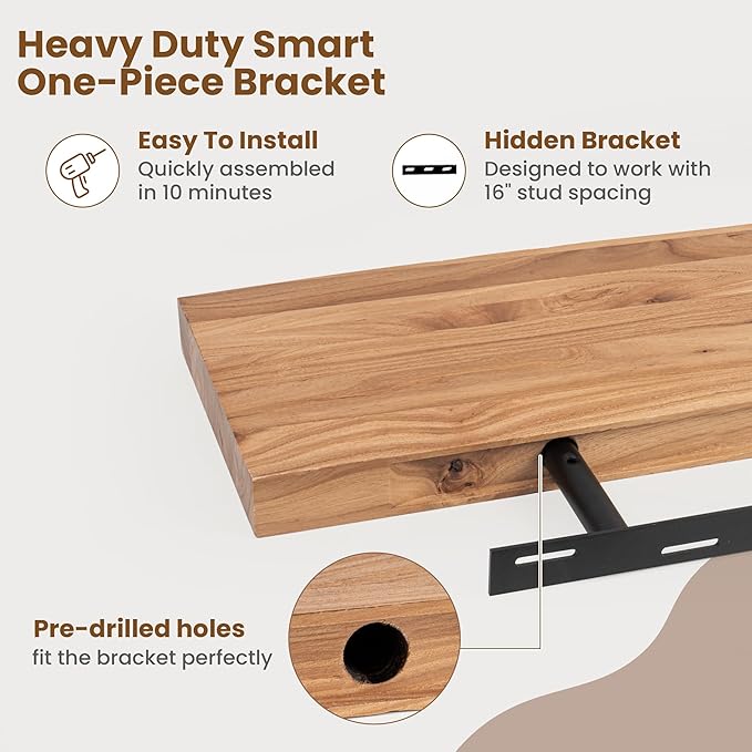 Floating Shelves for Wall Decor, Rustic Solid Elm Wood Live Edge Floating Shelves Wall Mounted, Wall Shelves with Invisible B
