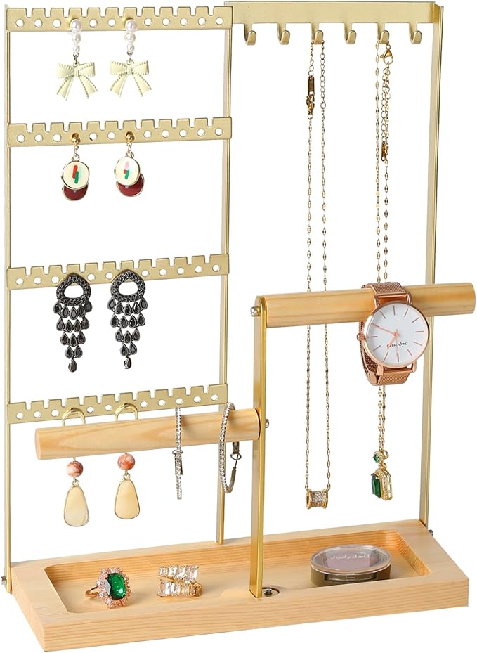 Jewelry Organizer Stand, Jewelry Holder, Lengnoy 4 Tier Earring Holder with 48 Holes and 6 Hooks Necklace Organizer Wood Box 