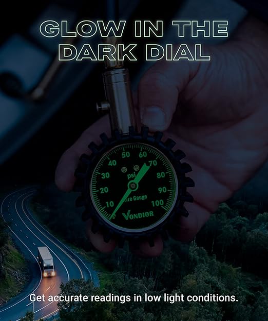 Vondior Tire Pressure Gauge (0-100 PSI) - Certified ANSI B40.1 Tire Gauge for Cars and Trucks, Large 2" Glow Dial Easy-Read Tire Gauges for Tire Pressure Car Accessories