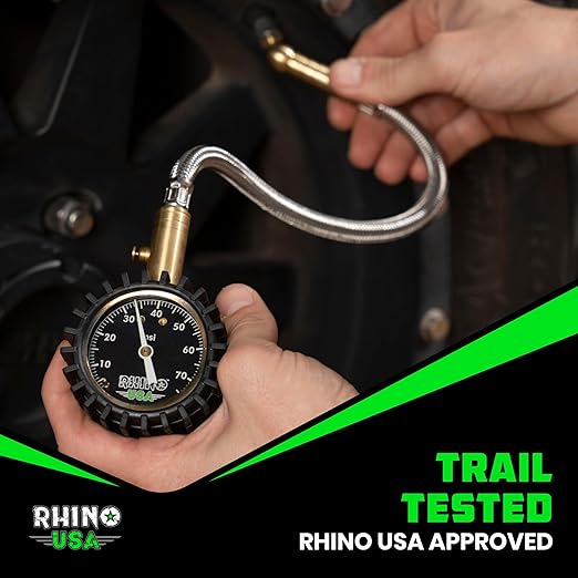 Rhino USA Heavy Duty Tire Pressure Gauge (0-75 PSI) - Certified ANSI B40.1 Accurate, Large 2" Easy Read Glow Dial, Premium Braided Hose, Solid Brass Hardware, Best for Any Car, Truck, Motorcycle, RV