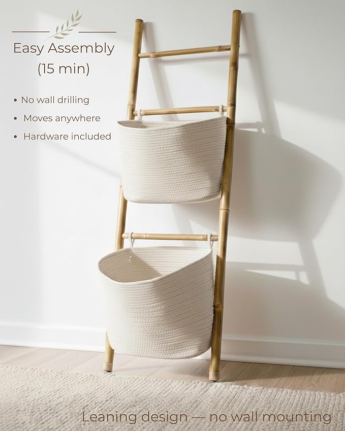 Handcrafted Bamboo Blanket Ladder with 2 Large Woven Storage Baskets, 55in Tall, Boho Wall-Leaning Decorative Rack for Living