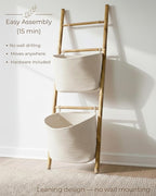 Handcrafted Bamboo Blanket Ladder with 2 Large Woven Storage Baskets, 55in Tall, Boho Wall-Leaning Decorative Rack for Living