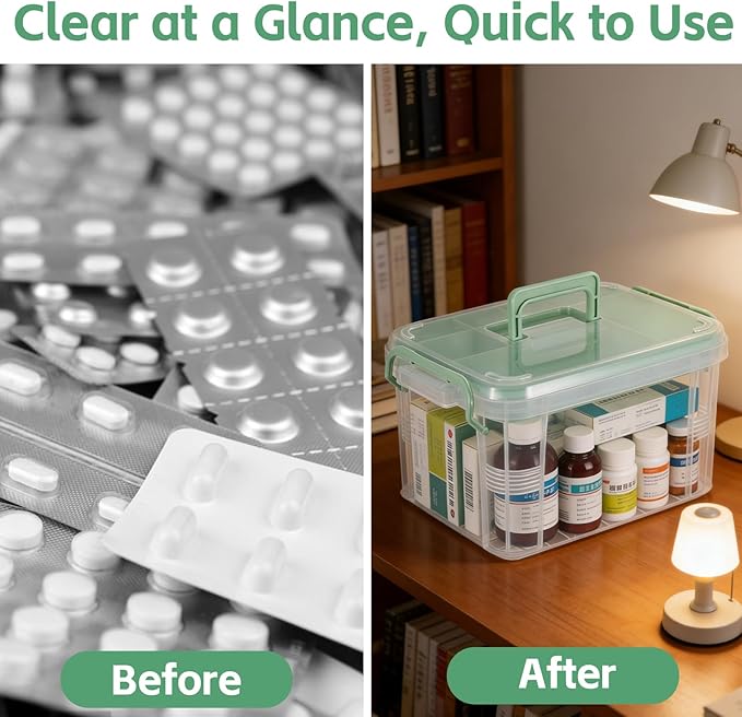 2 Pack Clear Medicine Organizer Box with Handle Thickened Plastic Medicine Cabinet with Tray First Aid Box Empty Multipurpose