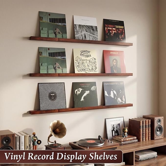 Pinkunn 3 Pcs 40 Inches Vinyl Wall Mount Record Display Shelf, Extra Long Wood Vinyl Record Holder, Album Display Holder Floa