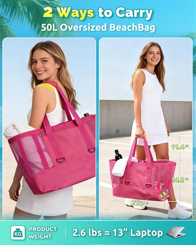 Large Mesh Beach Tote Bag - 50L Pool Bags with 2 Inner Zipper Waterproof Pockets for Swim Toys Towels Travel
