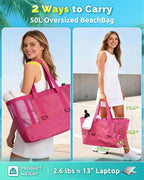 Large Mesh Beach Tote Bag - 50L Pool Bags with 2 Inner Zipper Waterproof Pockets for Swim Toys Towels Travel