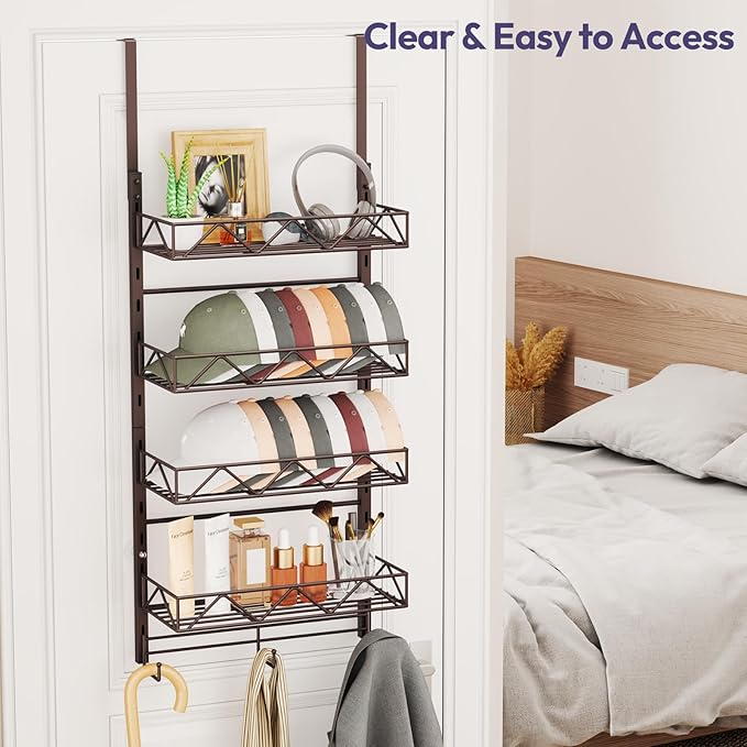 SWTYMIKI Over Door Hat Organizer - 5 Tier Wall Mounted Hat Rack with 4 Adjustable Metal Basket and 3 Hooks, Hanging Baseball 