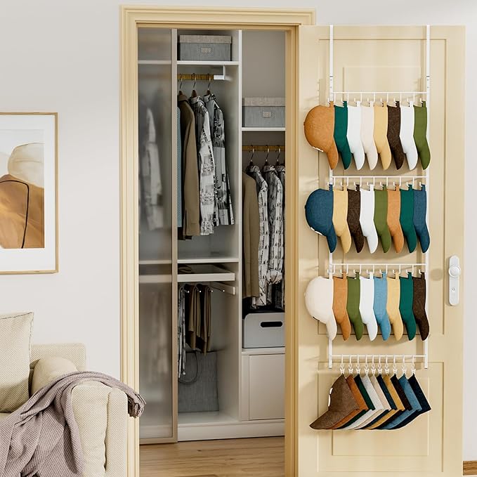HapiRm Over Door Hat Organizer - 4 Tier Wall Mounted Hat Rack with 24 Hooks and 10 Movable Clips, Hanging Baseball Cap Organi
