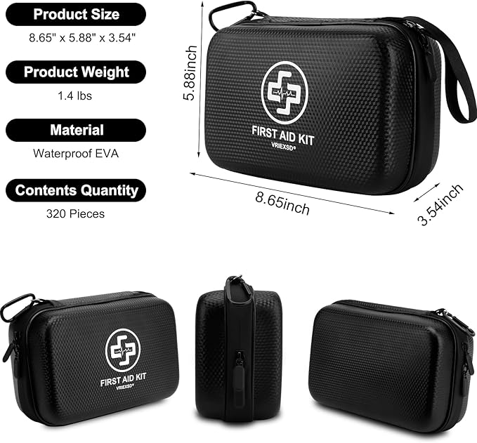 Premium First Aid Kit, 320 Piece Waterproof Hard Shell Eva First Aid Kit for Home, Camping, Cars, Hiking, Travel, Businesses 