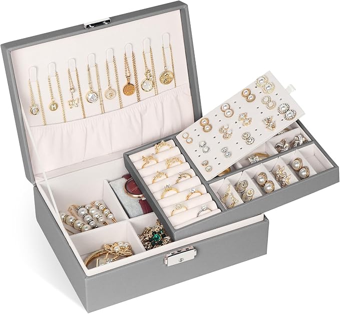 Jewelry Box for Women Girls, 2 Layers Jewelry Organizer Container with Lock, PU Leather Storage Case with Removable Tray, Jew