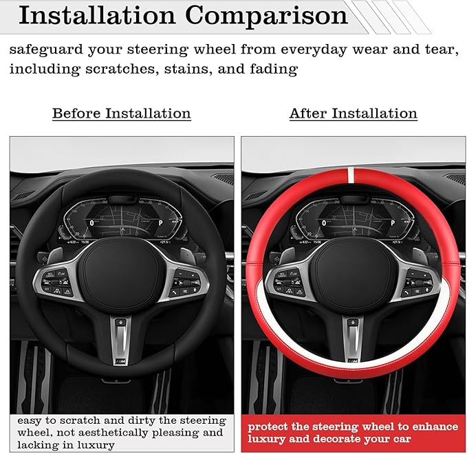 Car Leather Steering Wheel Cover - Panapi Material, Universal 14.5-15 Inch Leather Anti-Slip Breathable Auto Steering Wheel C