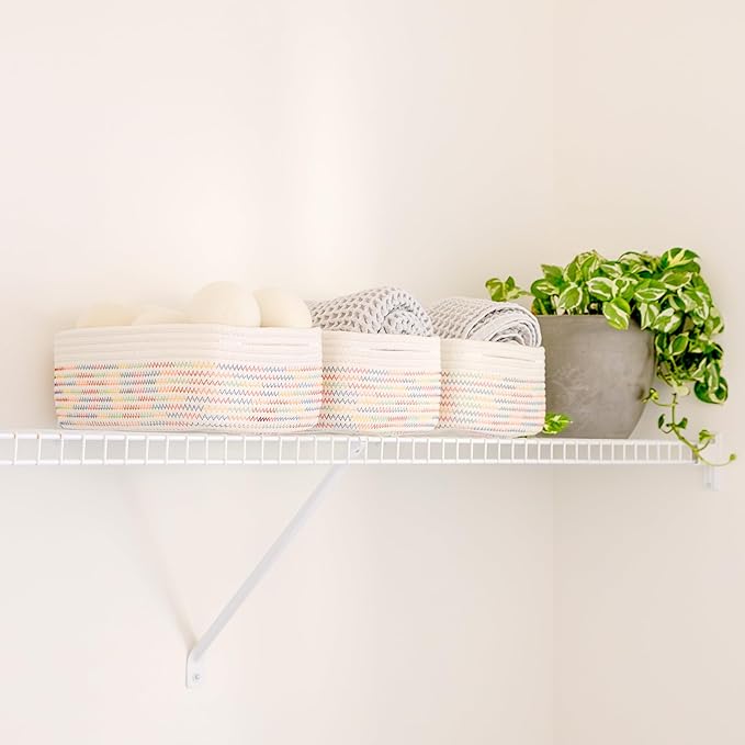 NaturalCozy 11.8"x8"x4.5” Rectangle Storage Baskets for Shelves 3 Pack | Cotton Rope Woven Small Baskets for Organizing | Sma