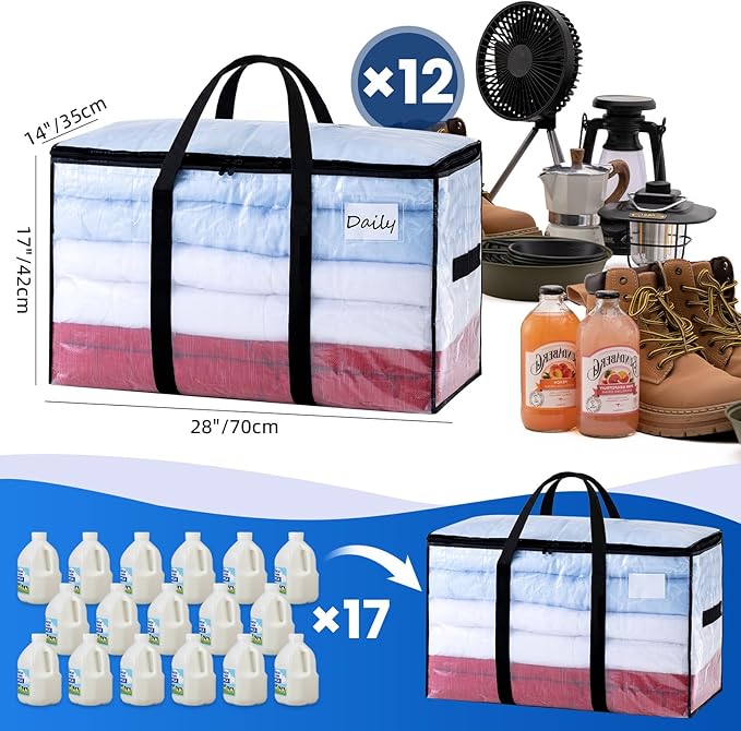 TAILI Extra Large Moving Bags, 12 Pack Clear Heavy Duty Totes For Storage with Visible Window, Wrap Around Handles, Storage B