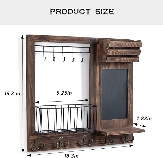 Key Holder for Wall, Mail Organizer Wall Mount with 5 Hooks and Shelf, Home Decorative with 5 Double Hooks and Chalkboard for
