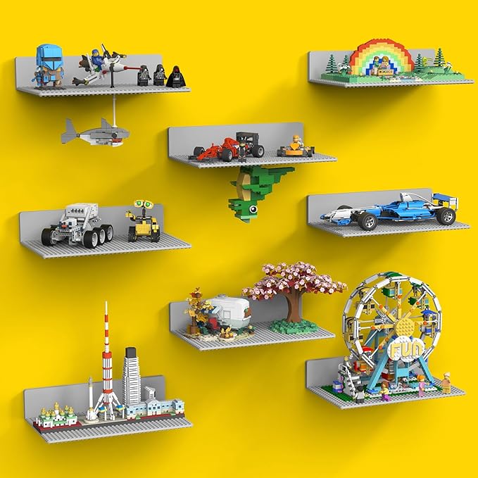 BlissBox 8-Pack Display Shelves for Wall Compatible with Lego Building Bricks, 11.3x6.3inch Dual‑Sided 36x20 Studs for Toy Br