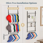 Consumest Over Door Hat Organizer - 3 Tier Wall Mounted Hat Rack with 16 Hooks and 10 Movable Clips, Hanging Baseball Cap Sto