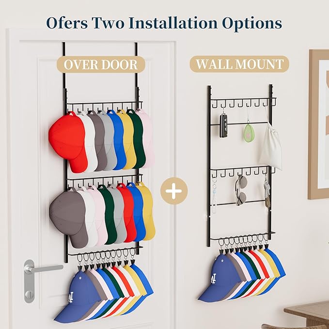 Consumest Over Door Hat Organizer - 3 Tier Wall Mounted Hat Rack with 16 Hooks and 10 Movable Clips, Hanging Baseball Cap Sto