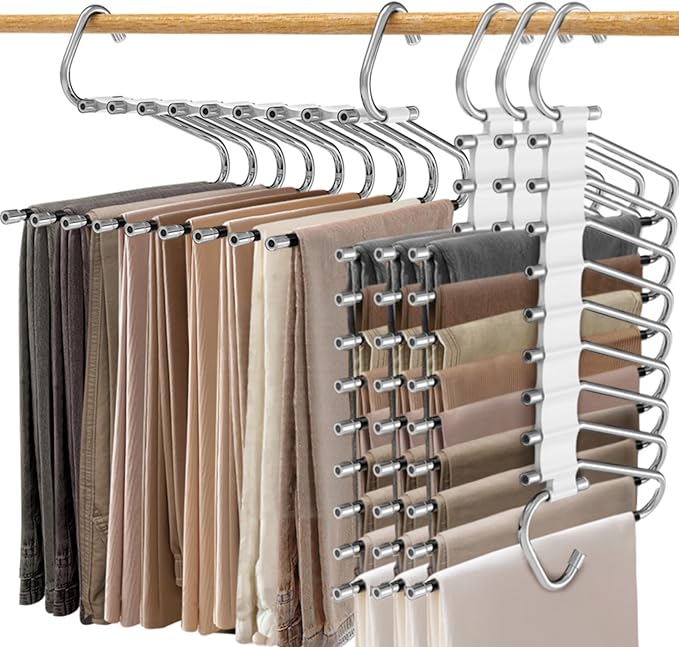 Upgrade 9 Layers Pants Hangers Space Saving, 4 Pack Multifunctional Pants Rack Non Slip Stainless Steel Clothes Space Saver H