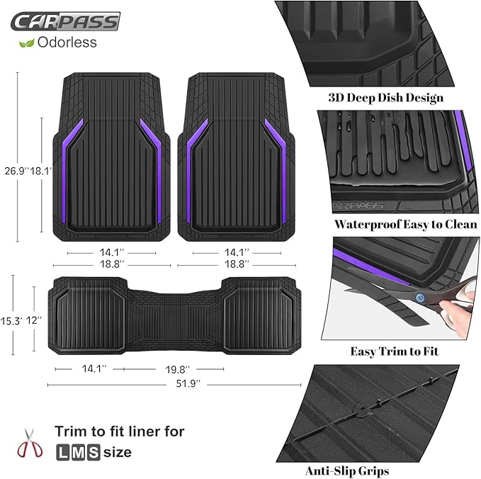 CAR PASS Heavy Duty Rubber Floor Mats for Car, Waterproof Liner Deep Dish Car Mats Full Sets, Universal Trim to Fit for SUV Truck Sedans Vans, All Weather Automotive Floor Mats 3pcs, Black Purple
