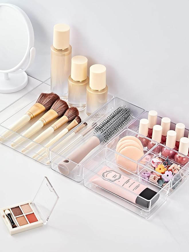SMARTAKE 37-Piece Drawer Organizer with Non-Slip Silicone Pads, 4-Size Desk Drawer Organizer Trays Storage Tray for Makeup, J