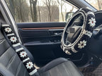 Daisy Crochet Steering Wheel Cover,Cute Seat Belt Cover,Women car Accessories (Black Wheel Cover+2 Belt Cover)