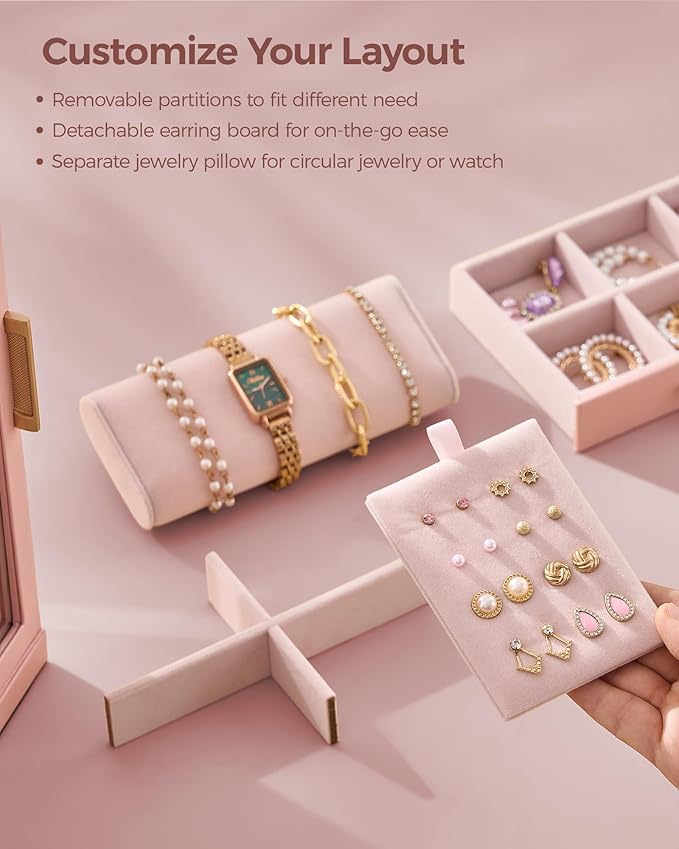 Glimmloop 360° Rotating Jewelry Box with 5 Drawers, Spacious Vertical Jewelry Organizer with Glass Window, Jewelry Storage Ca