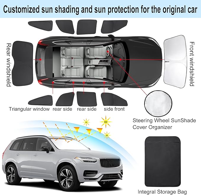 TINGLU Window Shades for Volvo XC90 2016-2025 2026 Accessories Car Side Full Windows Rear Triangular Windshield Sun Shade Sun UV Rays & Privacy Protection for Camping,Napping,and Relaxing 10PCS