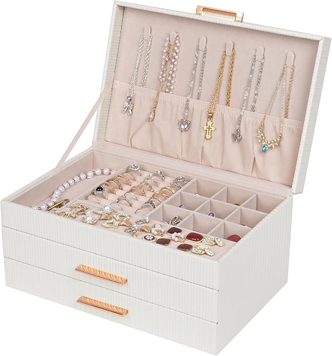 Dajasan Jewelry Box Organizer, 3-Tier Large Jewelry Storage Organizer with 2 Drawers, Space-Saving Jewelry Boxes for Women, P
