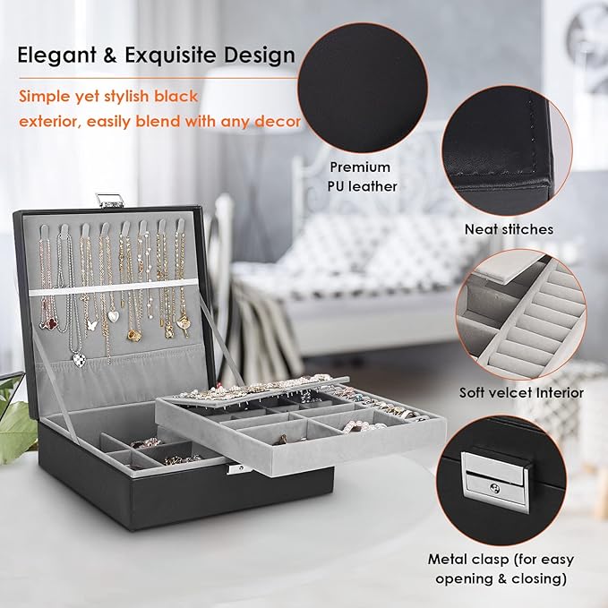 Jewelry Box, Jewelry Boxes for Women & Men with PU Leather, 2 Layer Large Jewelry Organizer Storage Case with Lock, for Neckl